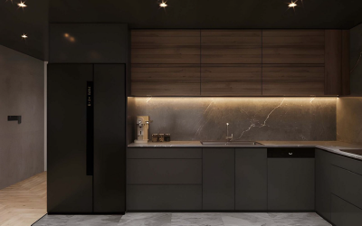 Bespoke Space modern handleless kitchen with matte grey cabinetry and quartz tops.