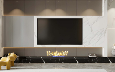 Floating base cabinets in matte grey for a clutter-free bespoke media wall.