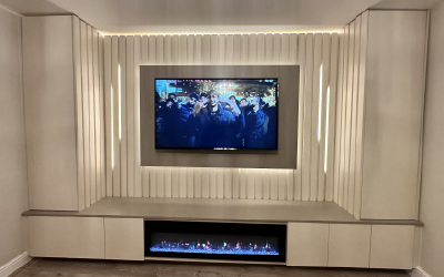 Linear electric fire suite with realistic flame effect by Bespoke Space.