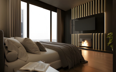 Luxury full-wall entertainment center including fireplace and display shelving.