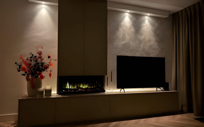 Luxury full-wall entertainment center including fireplace and display shelving.