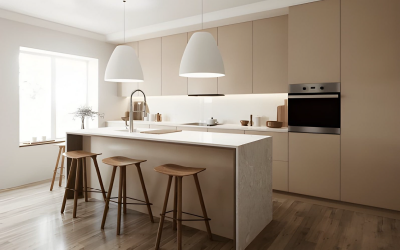 Luxury kitchen island featuring a waterfall quartz worktop and breakfast bar.