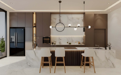 Modern kitchen island with architectural pendant lighting and LED plinth lights.