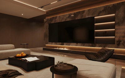 Contemporary media wall featuring oak slat acoustic panels and LED accents.