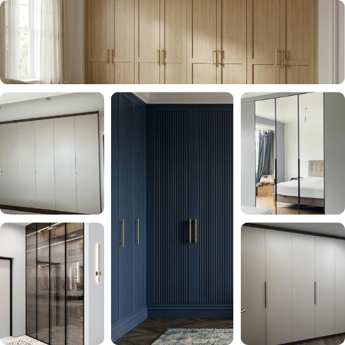 Bespoke wardrobes showcase of door styles including Shaker, Slab, Fluted, Handleless, Glazed, and Full Mirror options.