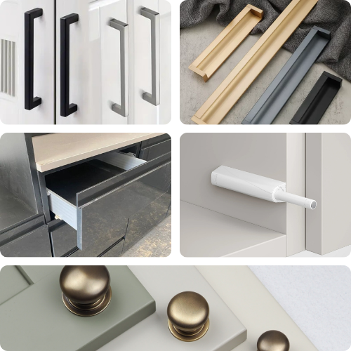 A collection of bespoke wardrobes hardware options showcasing bar handles, knobs, integrated J-pulls, and touch-latches.