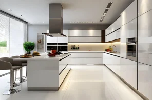 Bespoke modern kitchen featuring a minimalist handleless island, white quartz worktops, and integrated storage by Bespoke Space.